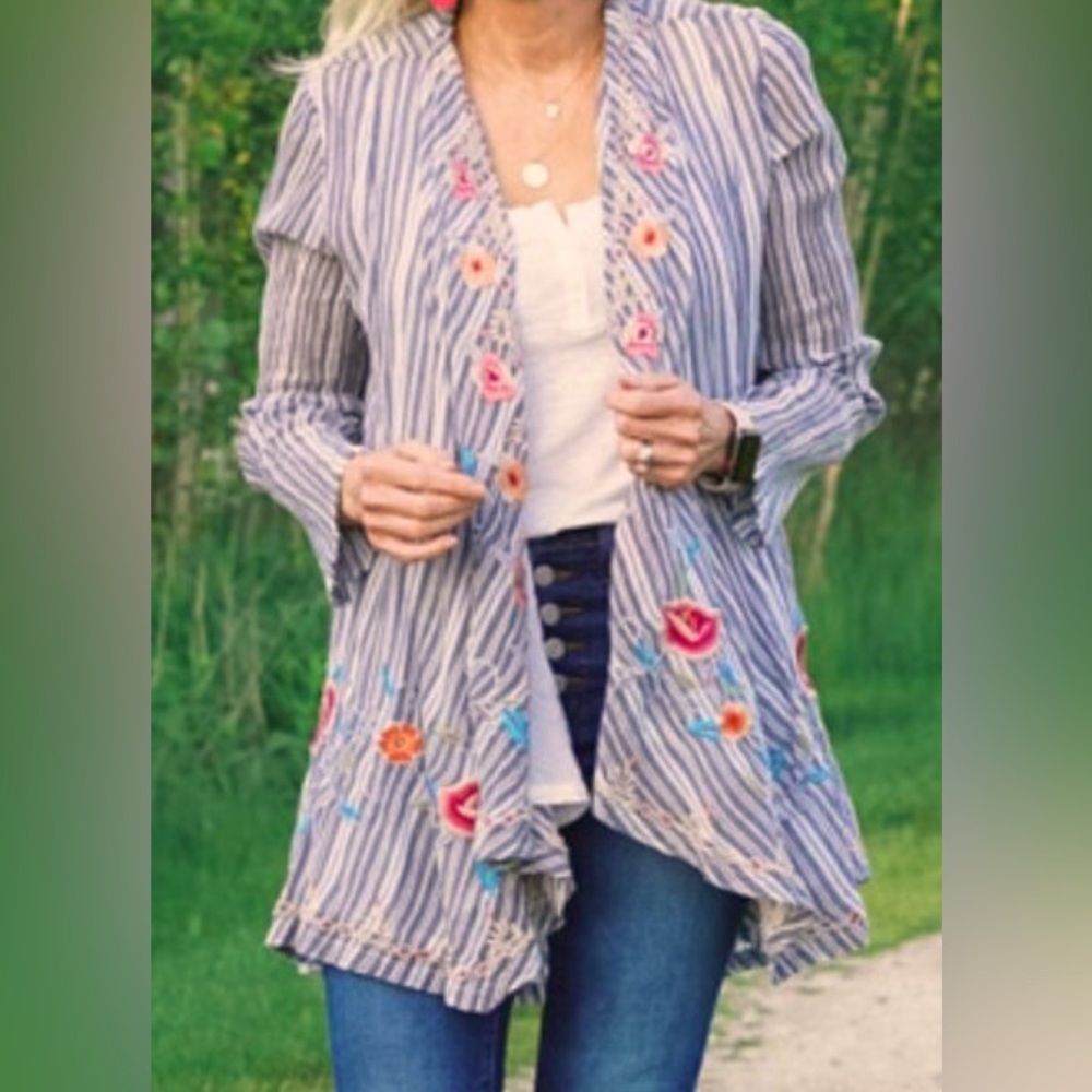 Kyla SEO Alyce Jacket - Striped, Embroidered Open Front Jacket small